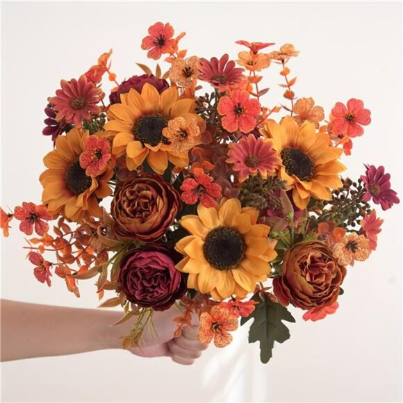 4pcs Realistic Autumn Floral Arrangement - Sunflower, Peony, Daisy Bouquet Decor - Picture 3 of 6